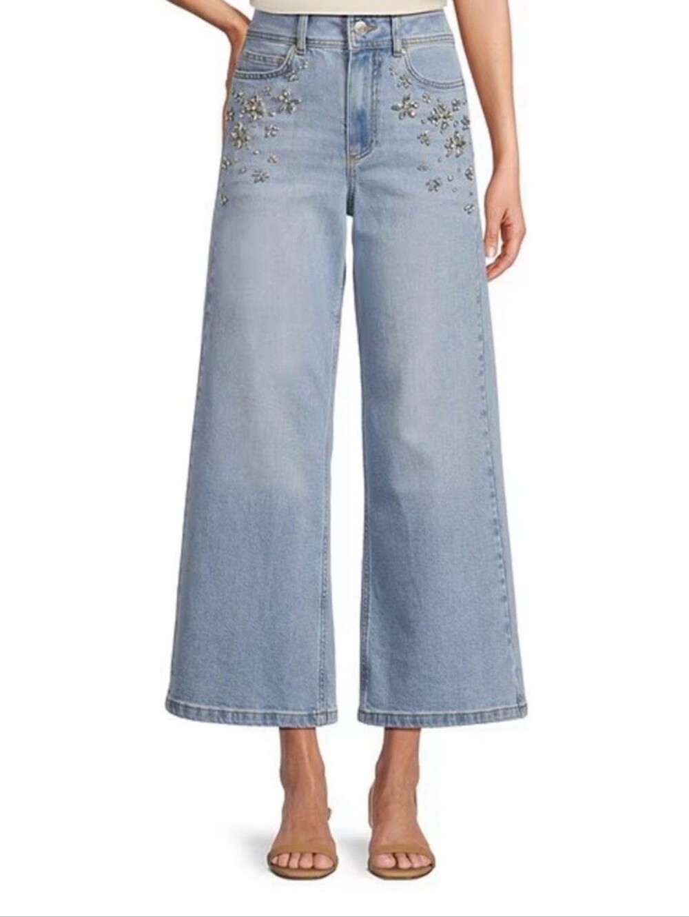 Antonio Melani Alexandra Stretch Denim Rhinestone High Rise Wide-Leg Jean sz 10